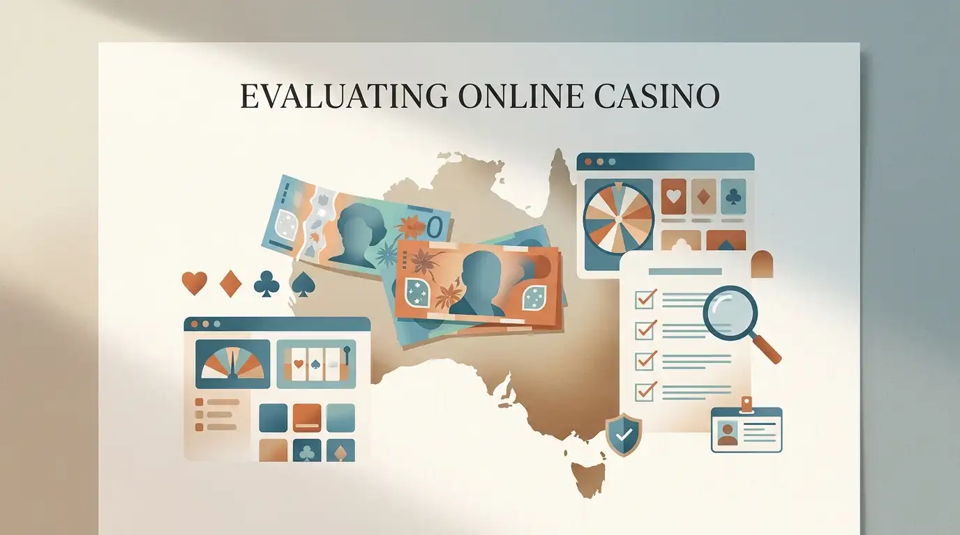 Editorial illustration combining Australia, AUD, casino and compliance motifs