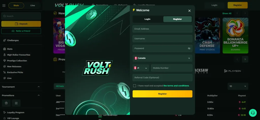VoltRush account registration form