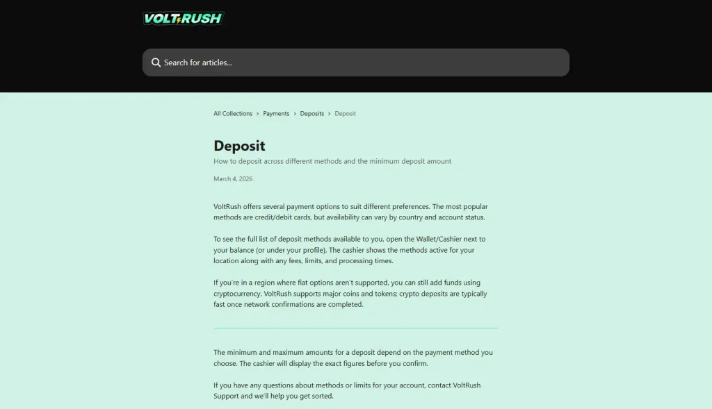 VoltRush cashier payment methods