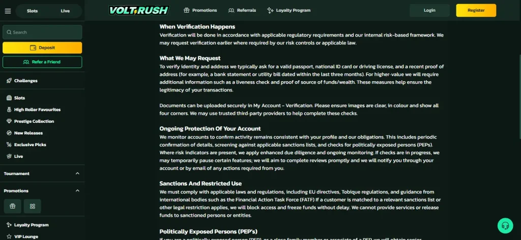 VoltRush KYC policy or verification interface
