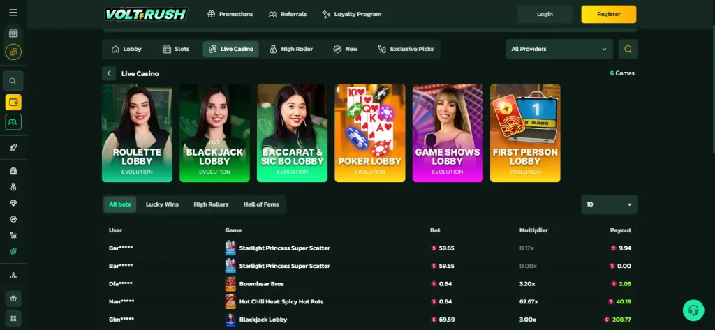VoltRush live casino lobby