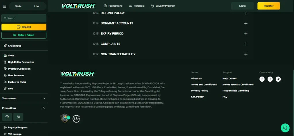 VoltRush terms showing operator and Tobique licence information