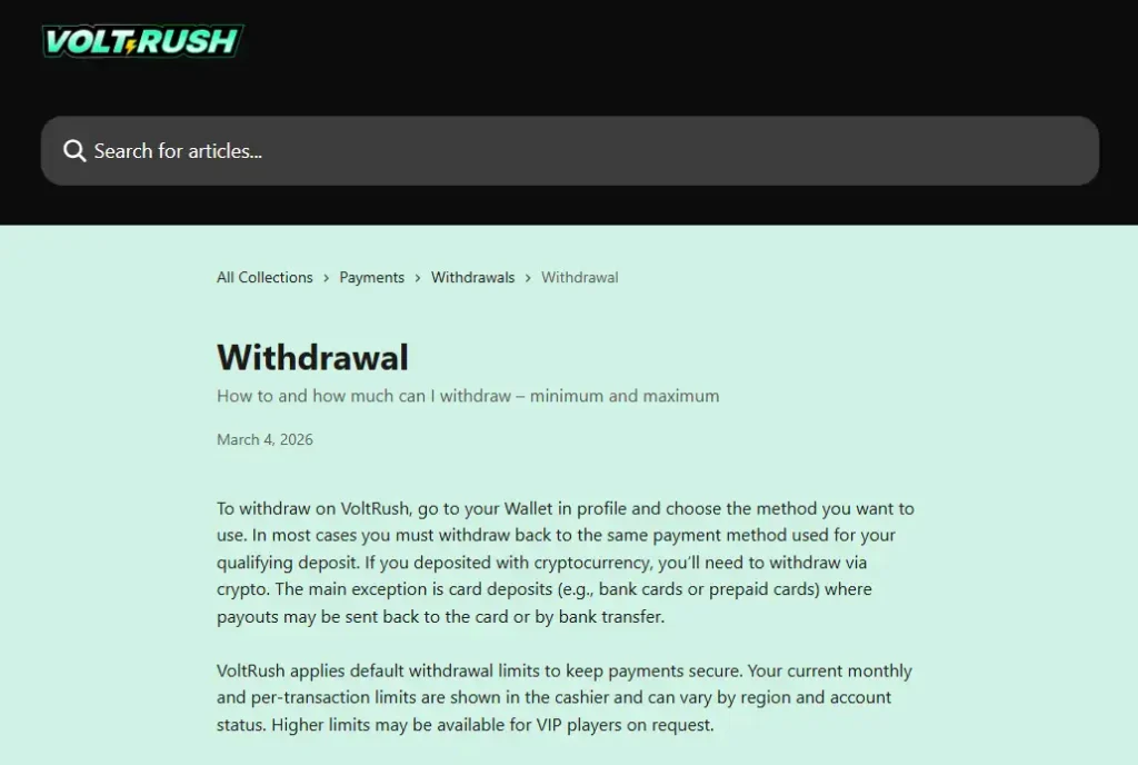 VoltRush withdrawal help or cashier screen